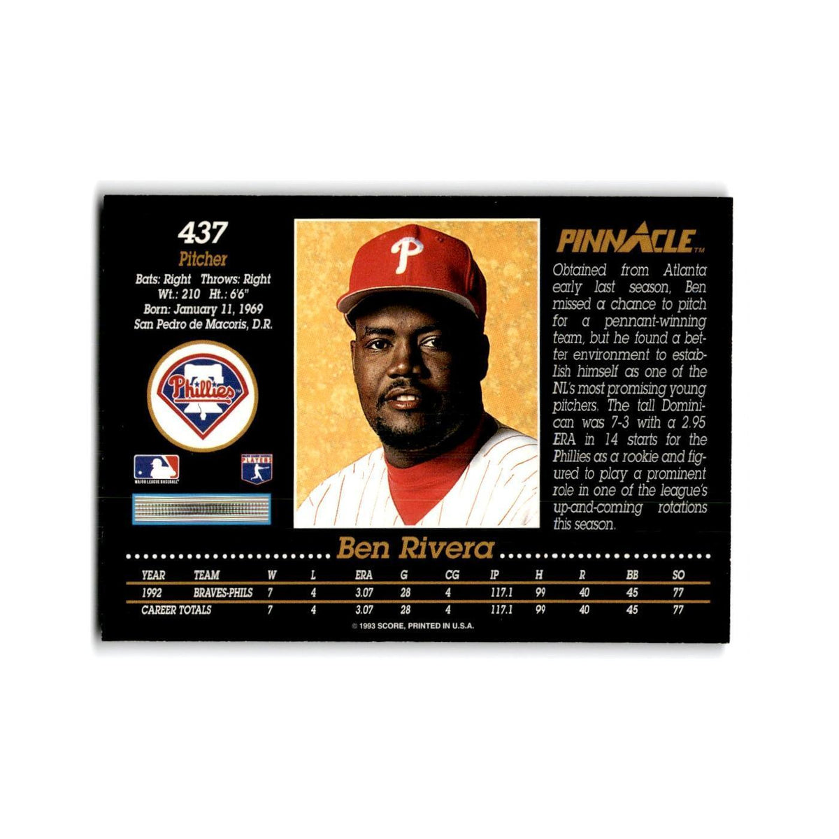 Ben Rivera 1993 Pinnacle #437 Philadelphia Phillies Baseball Card NM