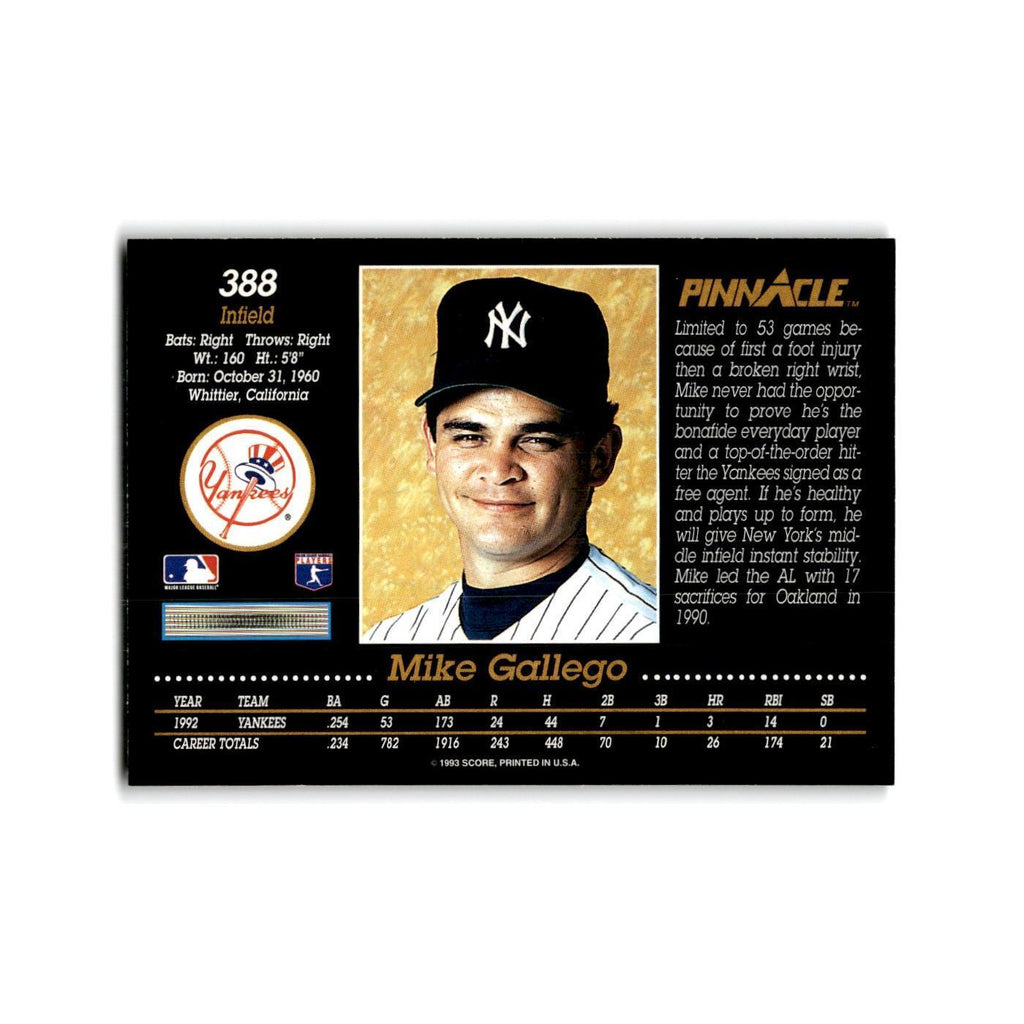 Mike Gallego 1993 Pinnacle #388 New York Yankees Baseball Card NM