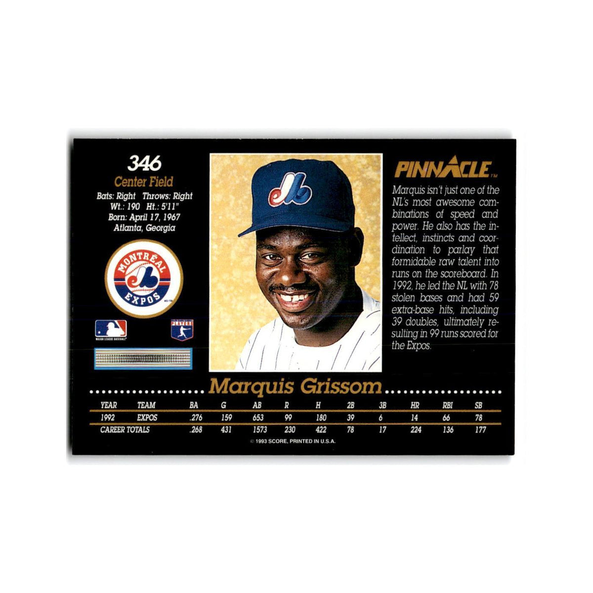 Marquis Grissom 1993 Pinnacle #346 Montreal Expos Baseball Card NM