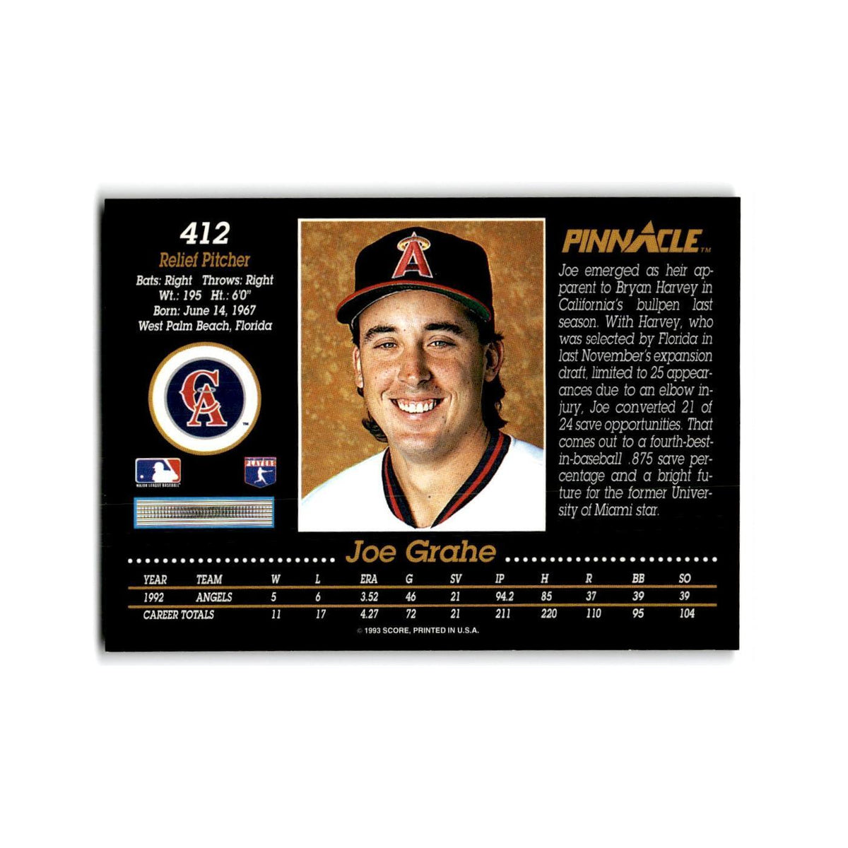 Joe Grahe 1993 Pinnacle #412 California Angels Baseball Card NM