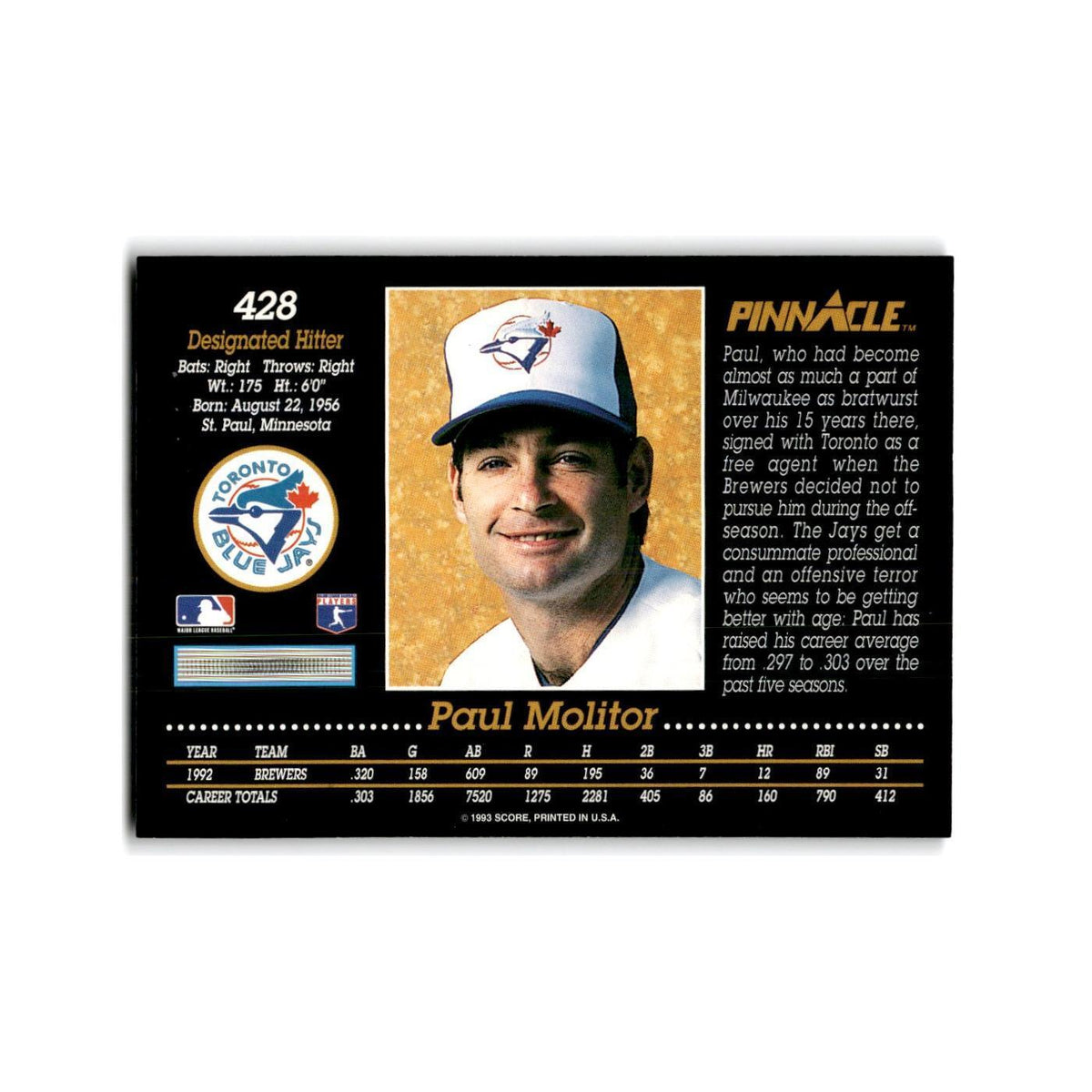 Paul Molitor 1993 Pinnacle #428 Toronto Blue Jays Baseball Card NM