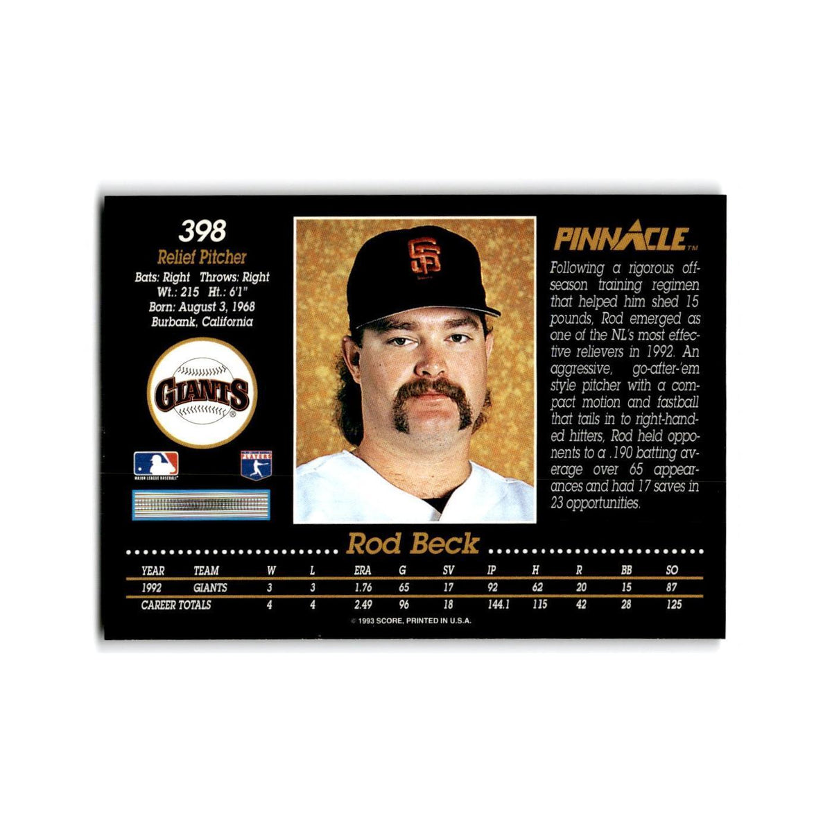 Rod Beck 1993 Pinnacle #398 San Francisco Giants Baseball Card NM