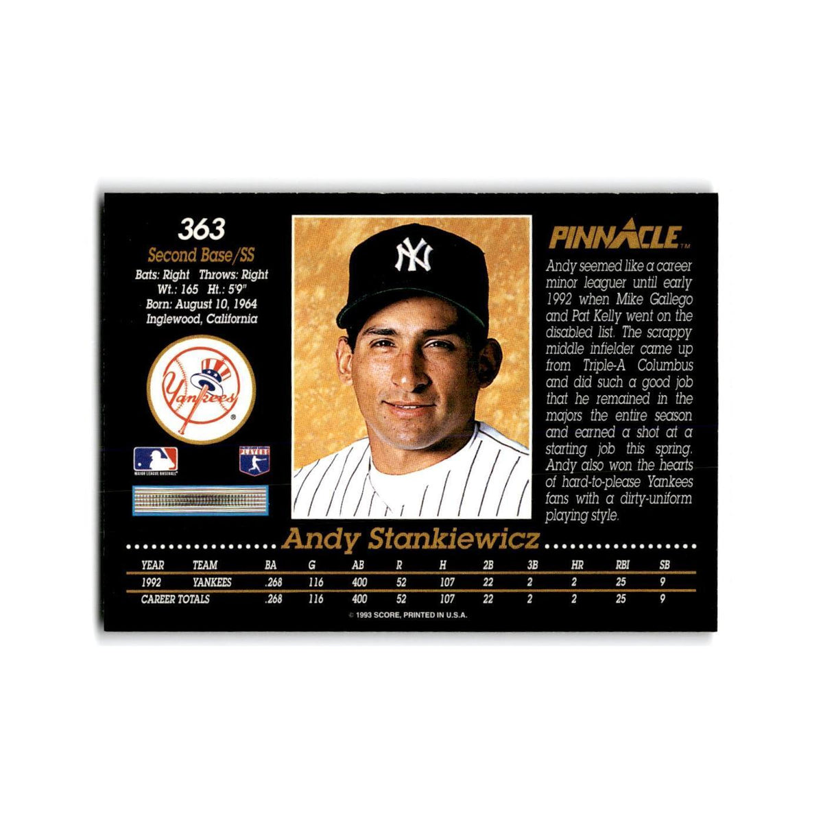 Andy Stankiewicz 1993 Pinnacle #363 New York Yankees Baseball Card NM