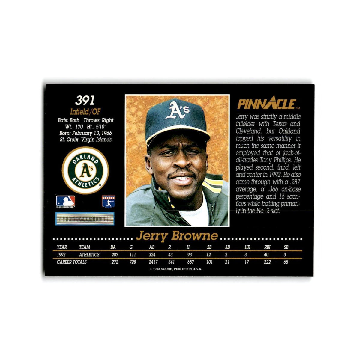 Jerry Browne 1993 Pinnacle #391 Oakland Athletics Baseball Card NM