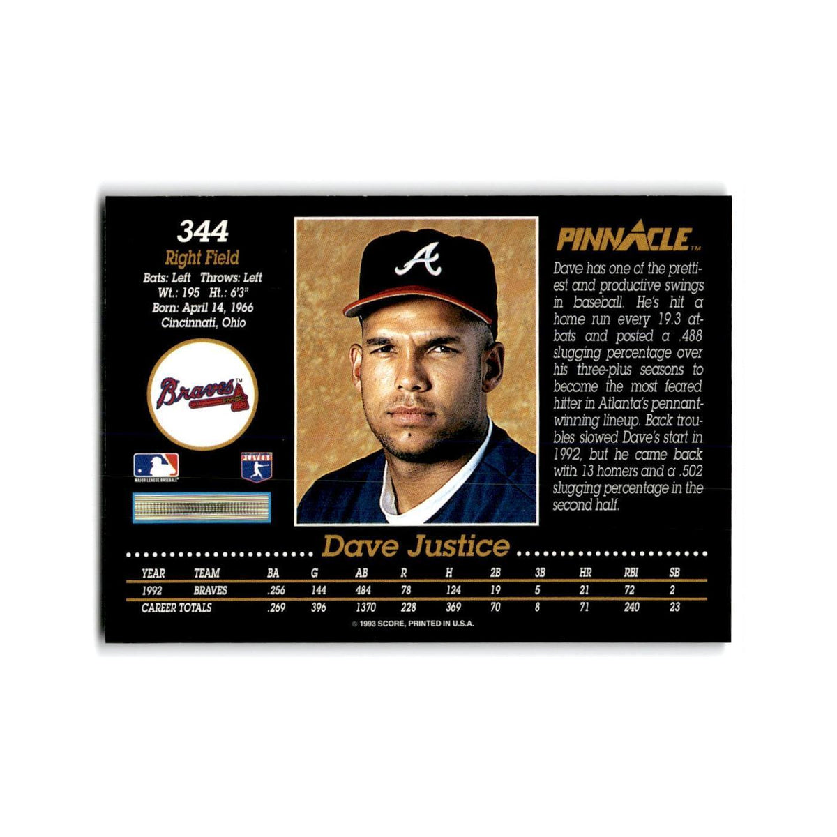 David Justice 1993 Pinnacle #344 Atlanta Braves Baseball Card NM
