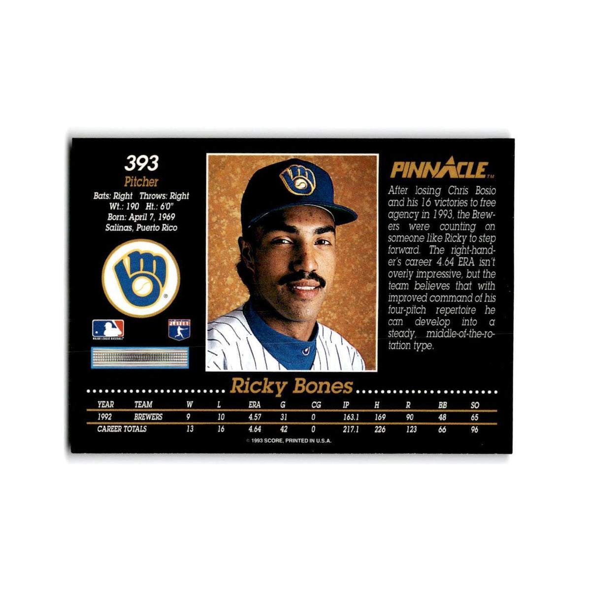 Ricky Bones 1993 Pinnacle #393 Milwaukee Brewers Baseball Card NM