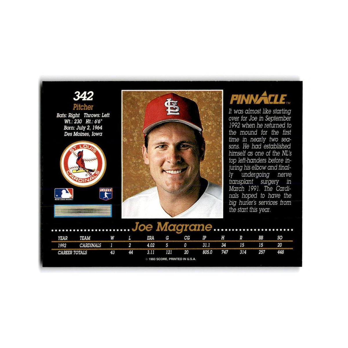 Joe Magrane 1993 Pinnacle #342 St. Louis Cardinals Baseball Card NM