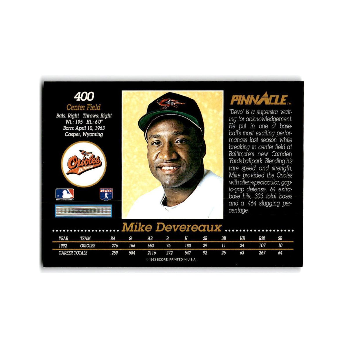 Mike Devereaux 1993 Pinnacle #400 Baltimore Orioles Baseball Card NM