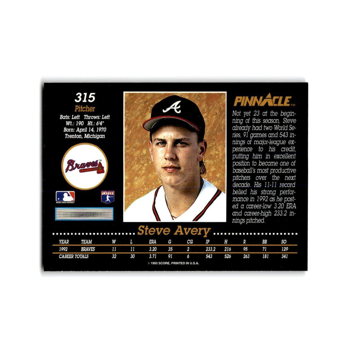 Steve Avery 1993 Pinnacle #315 Atlanta Braves Baseball Card NM