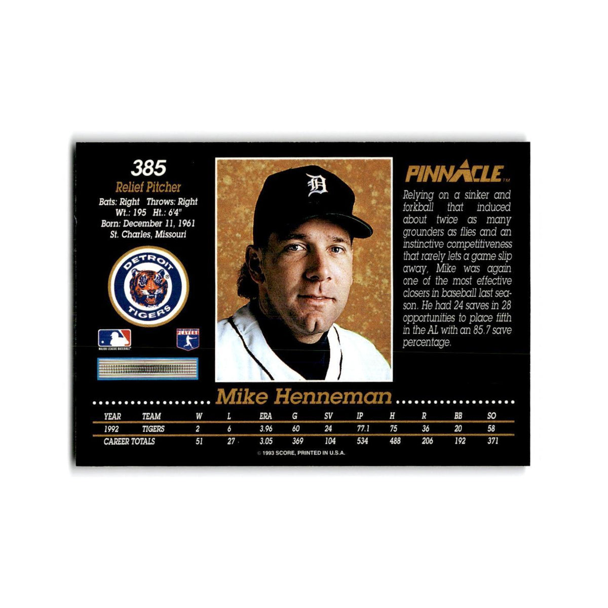 Mike Henneman 1993 Pinnacle #385 Detroit Tigers Baseball Card NM