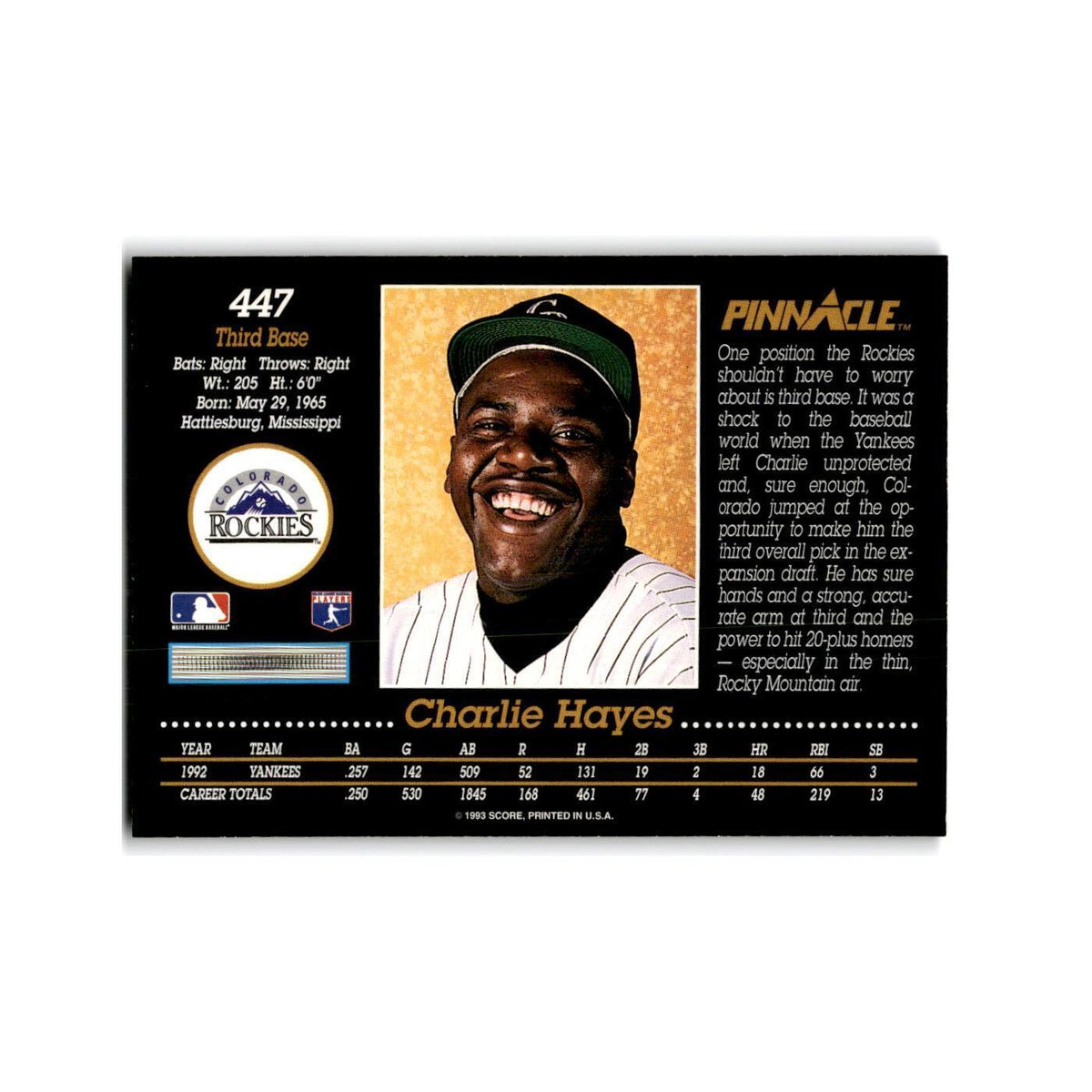 Charlie Hayes 1993 Pinnacle #447 Colorado Rockies Baseball Card NM