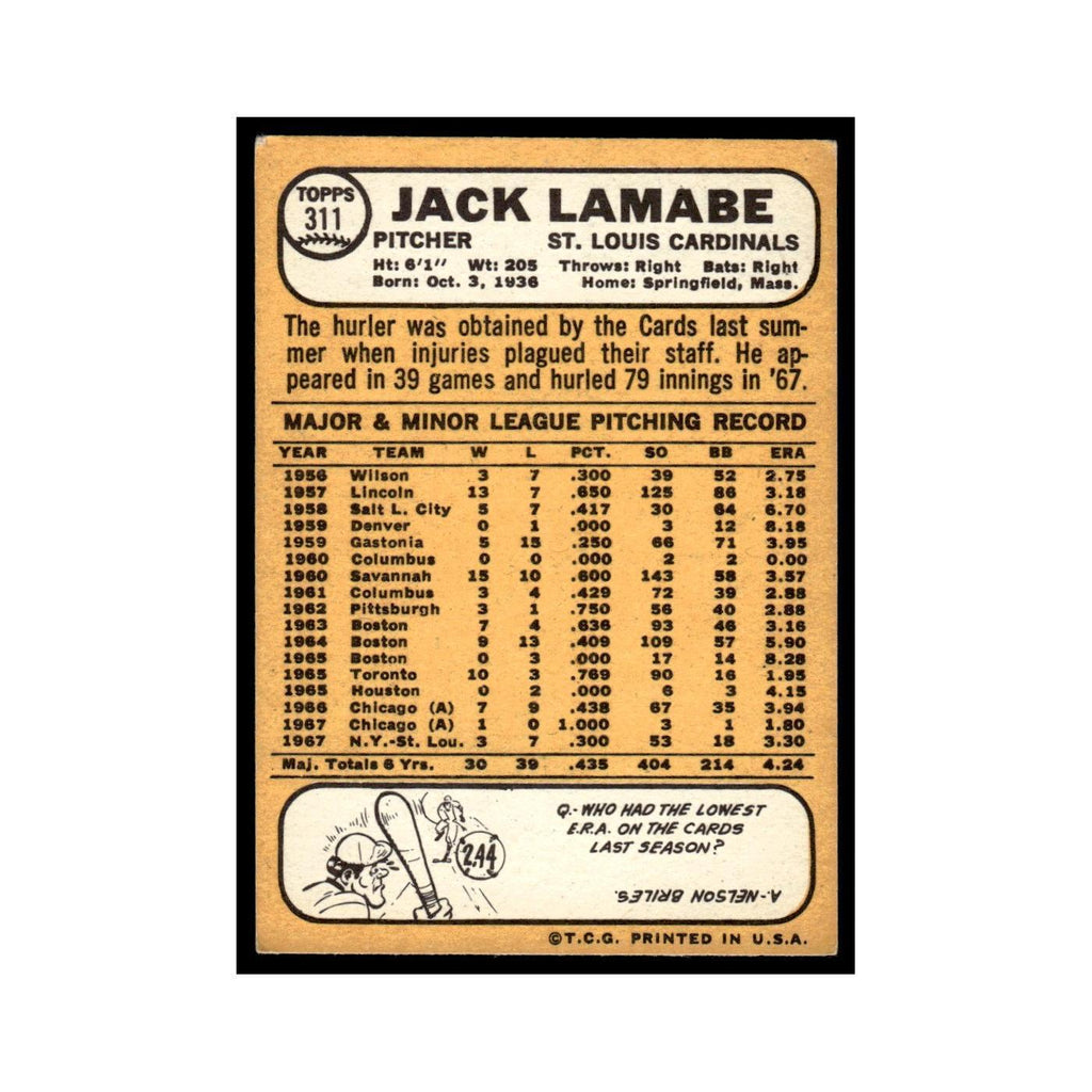 1968 Topps Baseball Card Jack Lamabe Cardinals #311