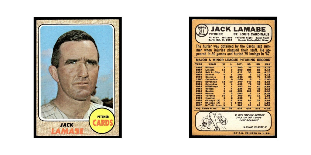 1968 Topps Baseball Card Jack Lamabe Cardinals #311