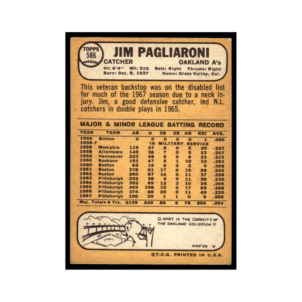 1968 Topps Baseball Card Jim Pagliaroni Athletics #586