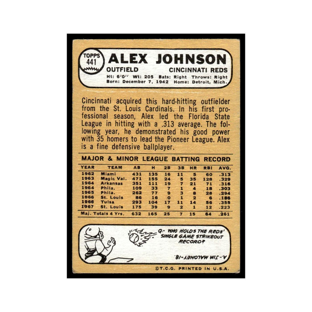 1968 Topps Baseball Card Alex Johnson Reds #441