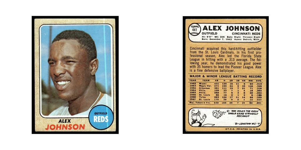 1968 Topps Baseball Card Alex Johnson Reds #441