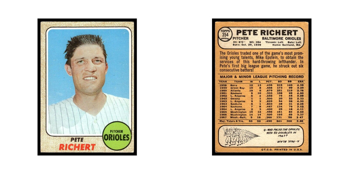1968 Topps Baseball Card Pete Richert Orioles #354