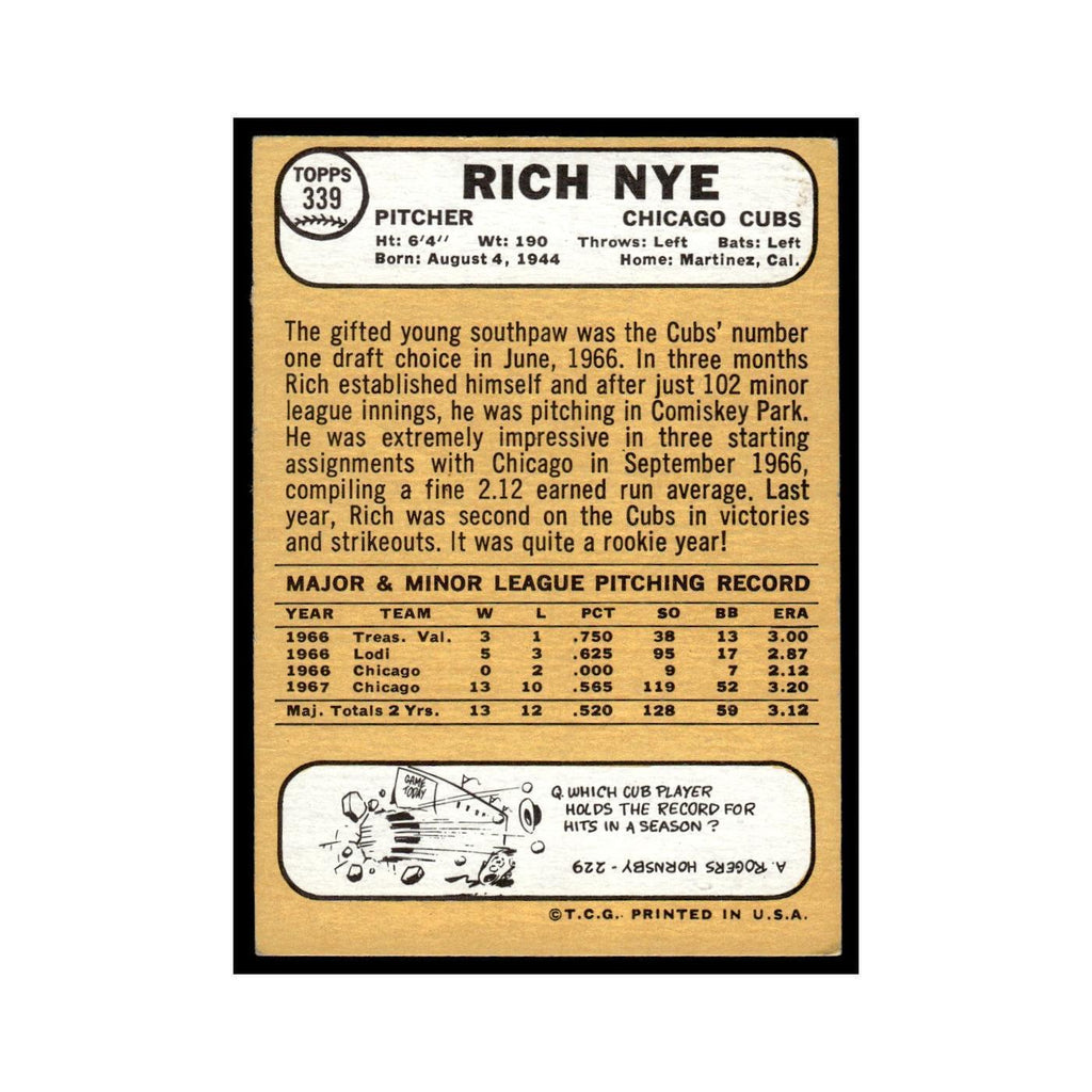 1968 Topps Baseball Card Rich Nye Cubs #339