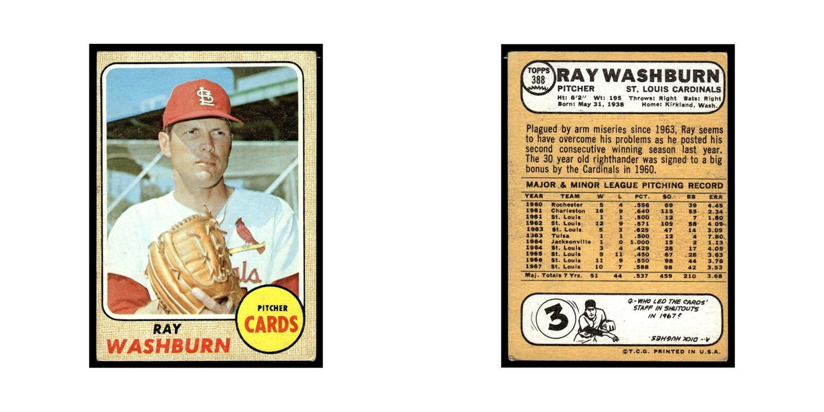 1968 Topps Baseball Card Ray Washburn Cardinals #388