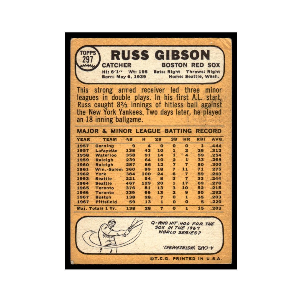 1968 Topps Baseball Card Russ Gibson Red Sox #297