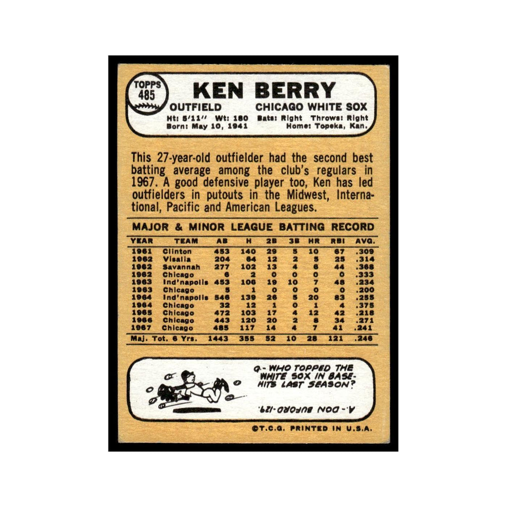 1968 Topps Baseball Card Ken Berry White Sox #485