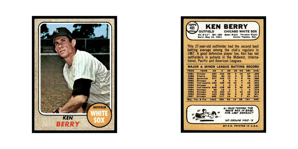 1968 Topps Baseball Card Ken Berry White Sox #485