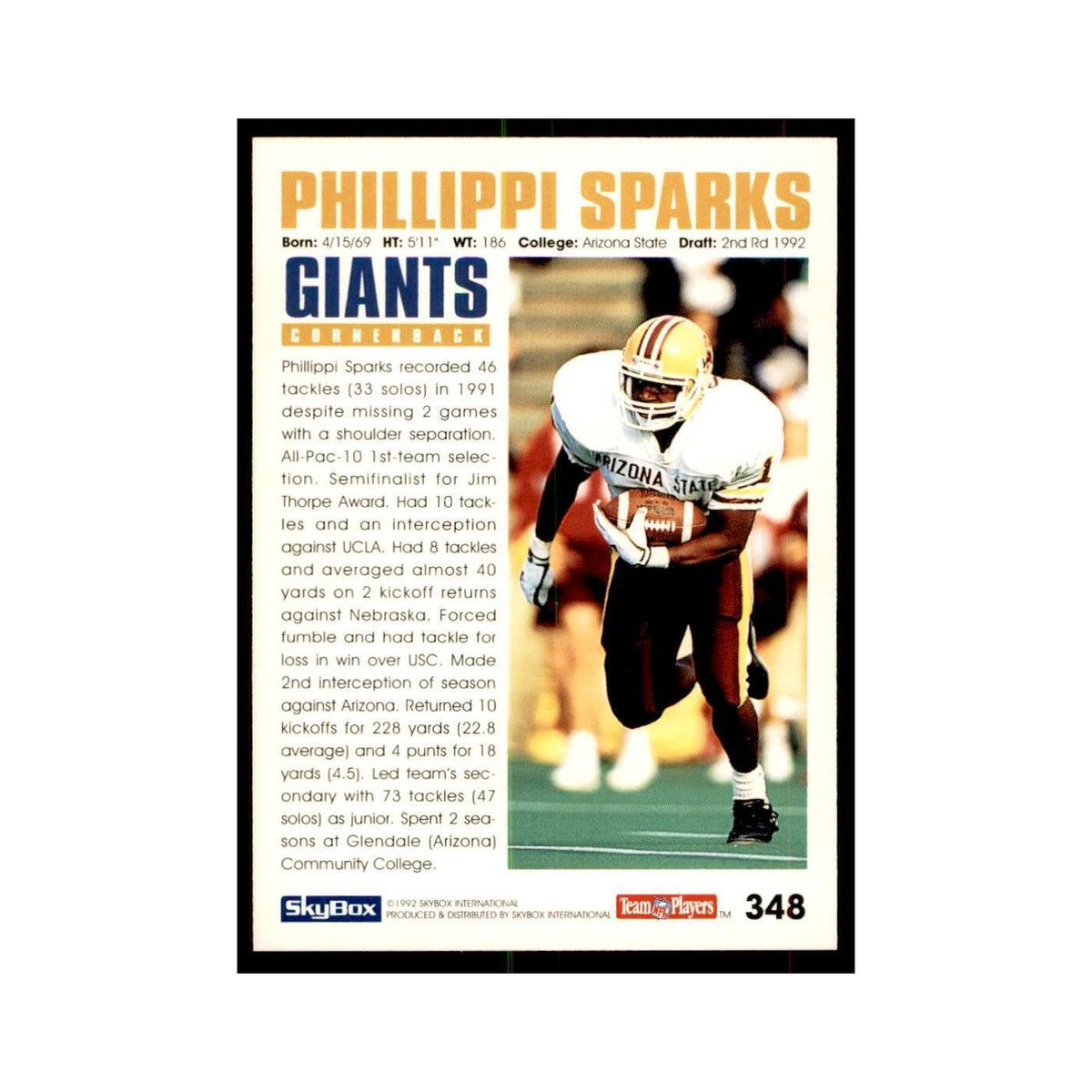 1992 SkyBox Phillippi Sparks RC Football Cards #348