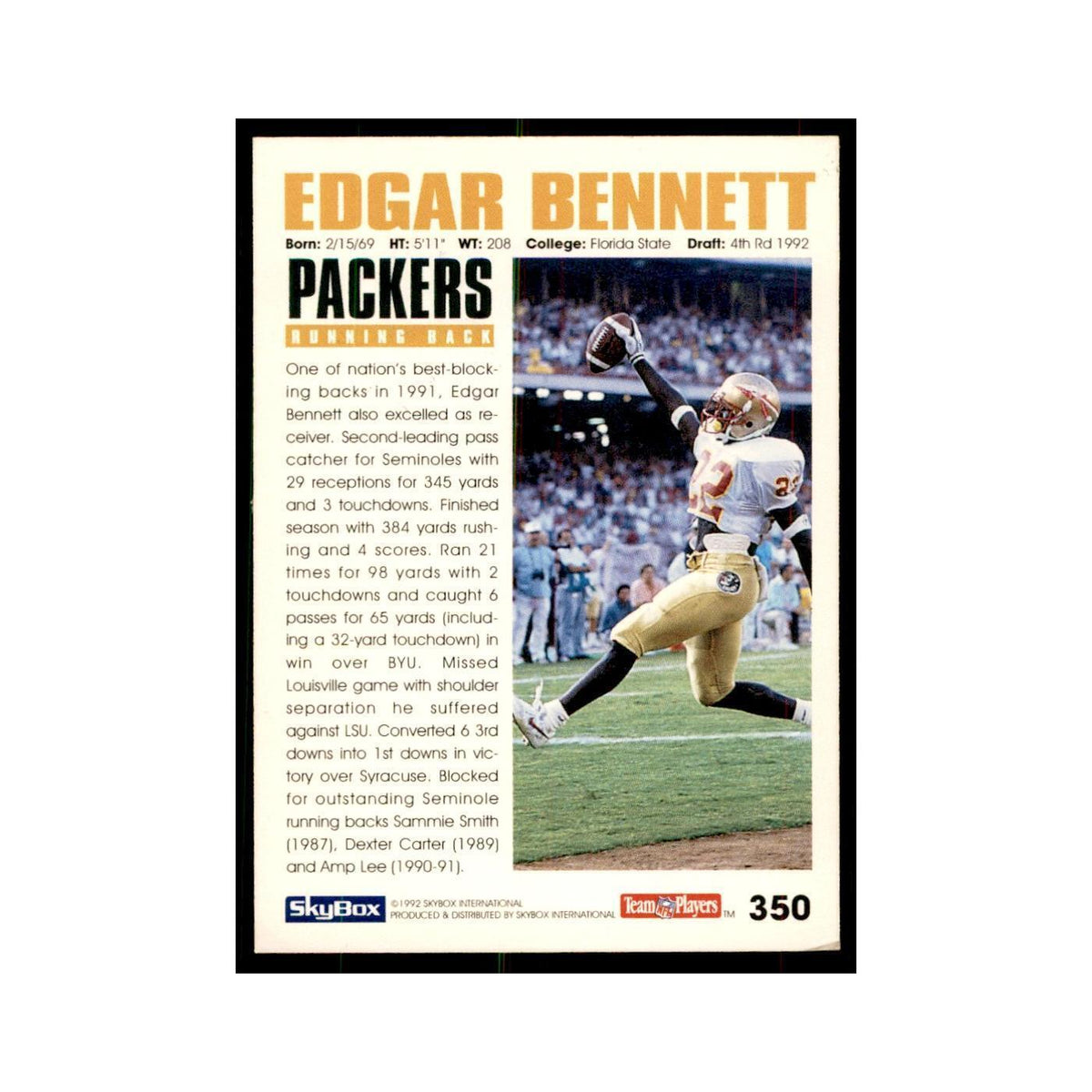1992 SkyBox Edgar Bennett RC Football Cards #350