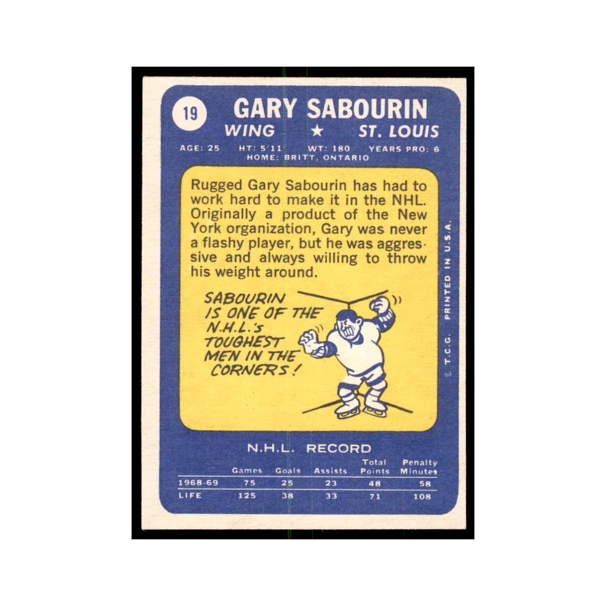 Gary Sabourin 1969 Topps #19 St. Louis Blues Hockey Card EX