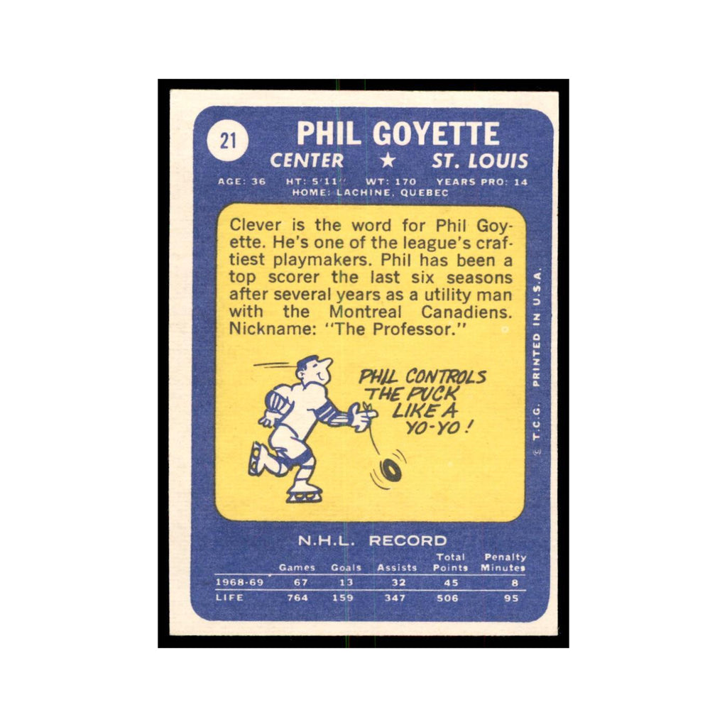 Phil Goyette 1969 Topps #21 St. Louis Blues Hockey Card EX