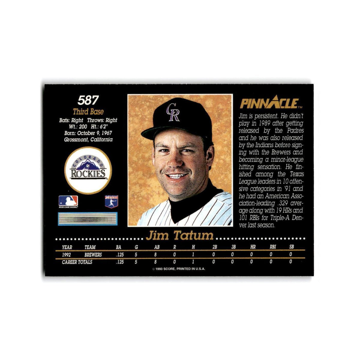 Jim Tatum Rookie 1993 Pinnacle #587 Colorado Rockies Baseball Card NM