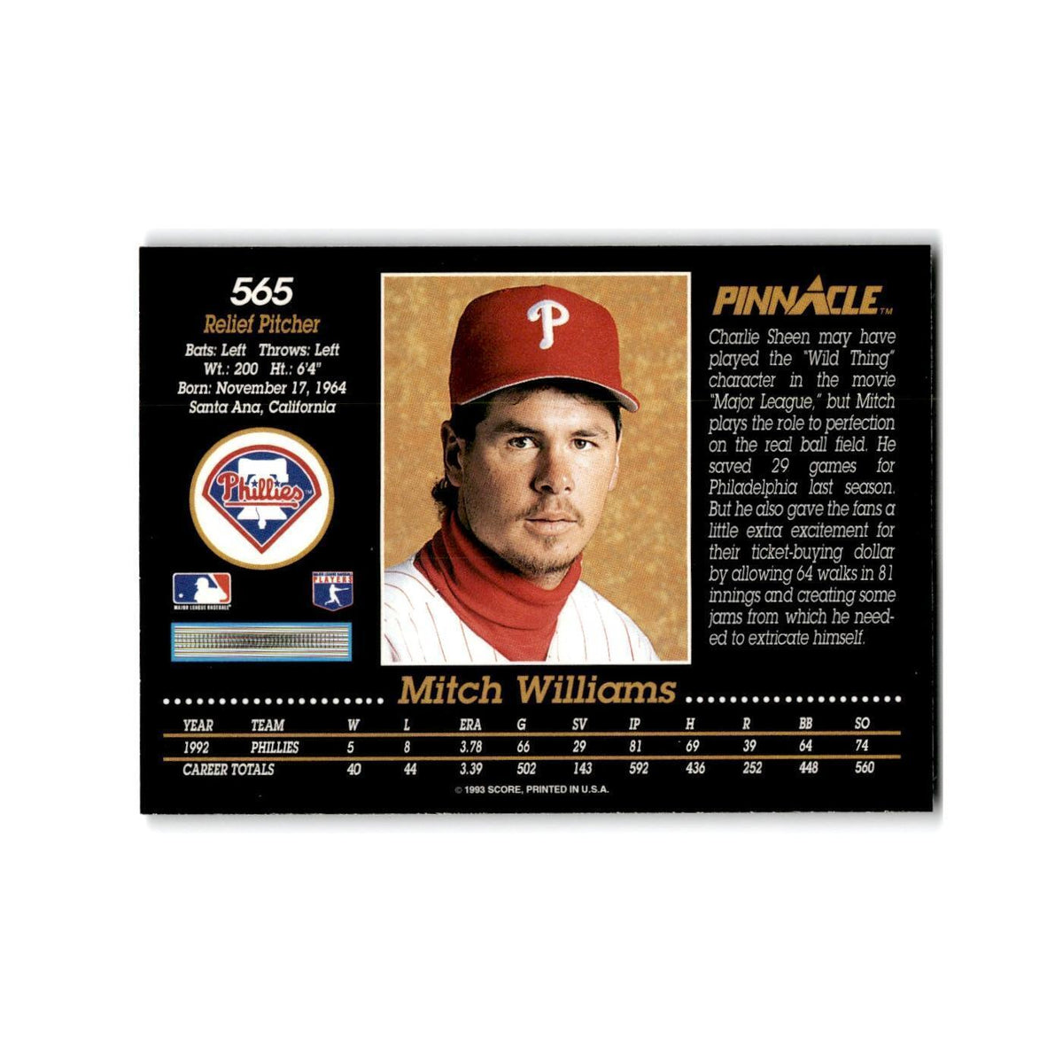 Mitch Williams 1993 Pinnacle #565 Philadelphia Phillies Baseball Card NM