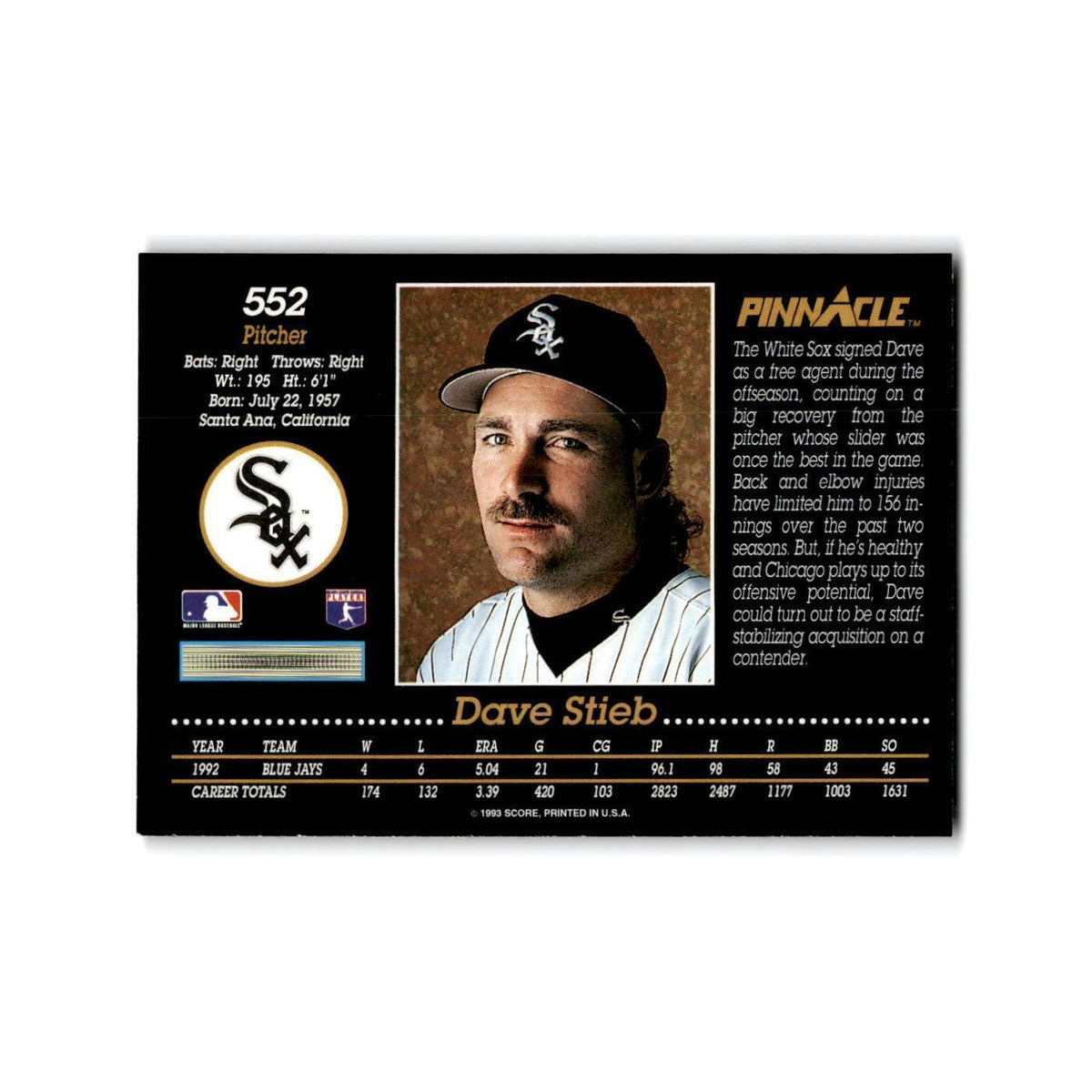 Dave Stieb 1993 Pinnacle #552 Chicago White Sox Baseball Card NM