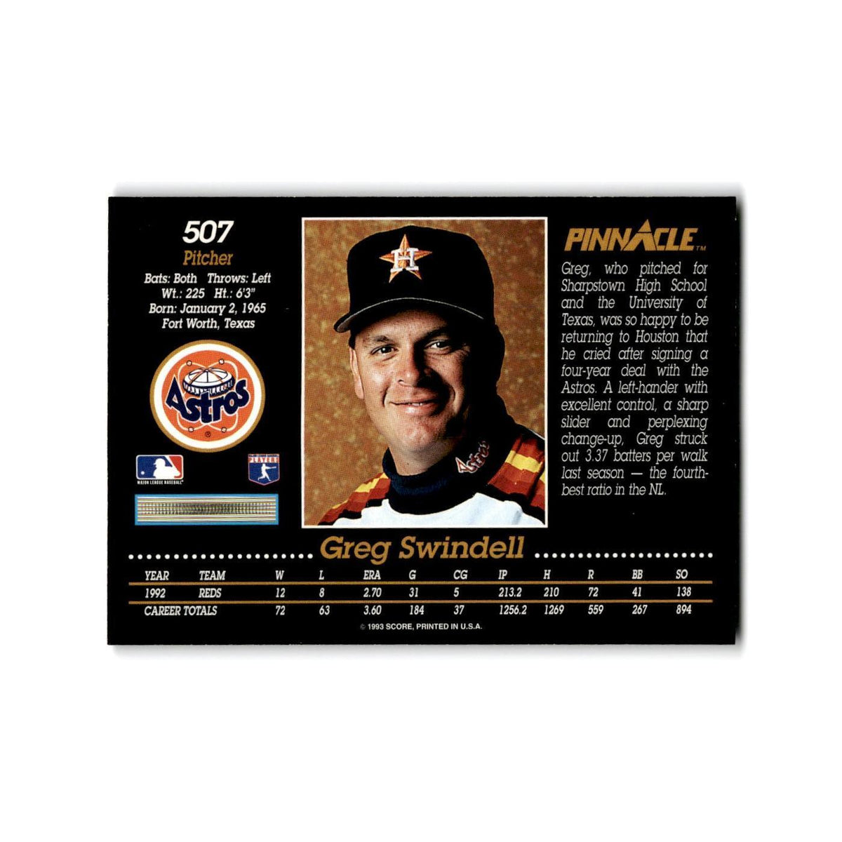 Greg Swindell 1993 Pinnacle #507 Houston Astros Baseball Card NM