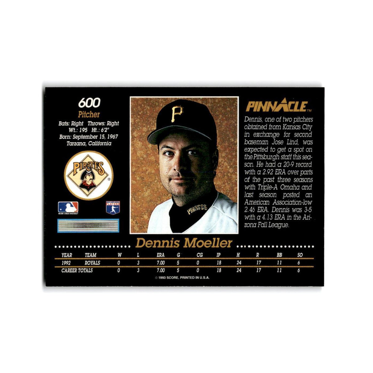 Dennis Moeller Rookie 1993 Pinnacle #600 Pittsburgh Pirates Baseball Card NM
