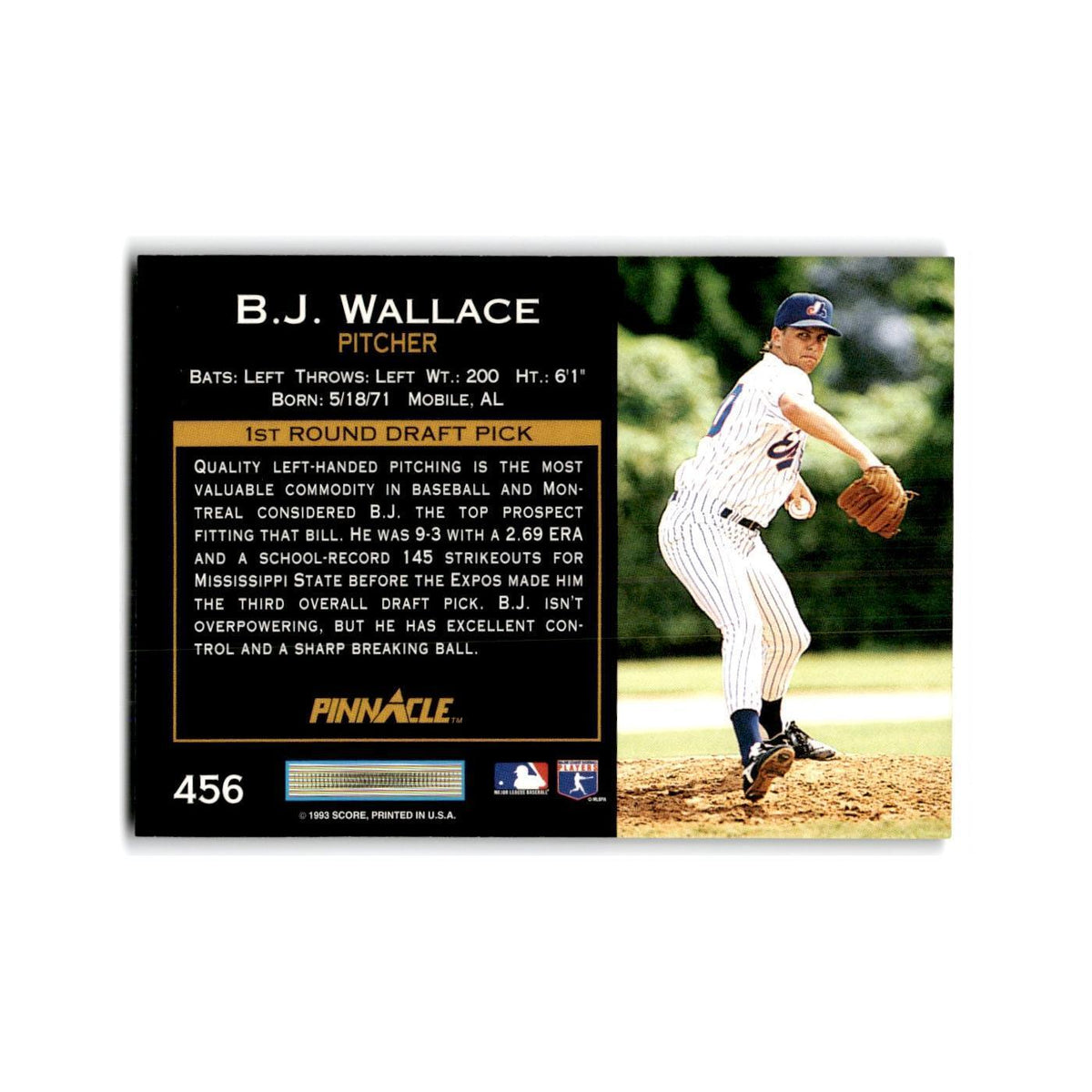 B.J. Wallace Rookie 1993 Pinnacle #456 Montreal Expos Baseball Card NM