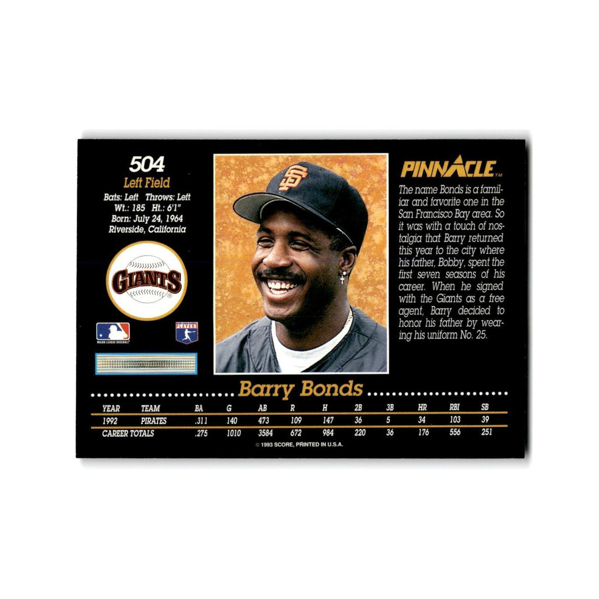 Barry Bonds 1993 Pinnacle #504 San Francisco Giants Baseball Card NM