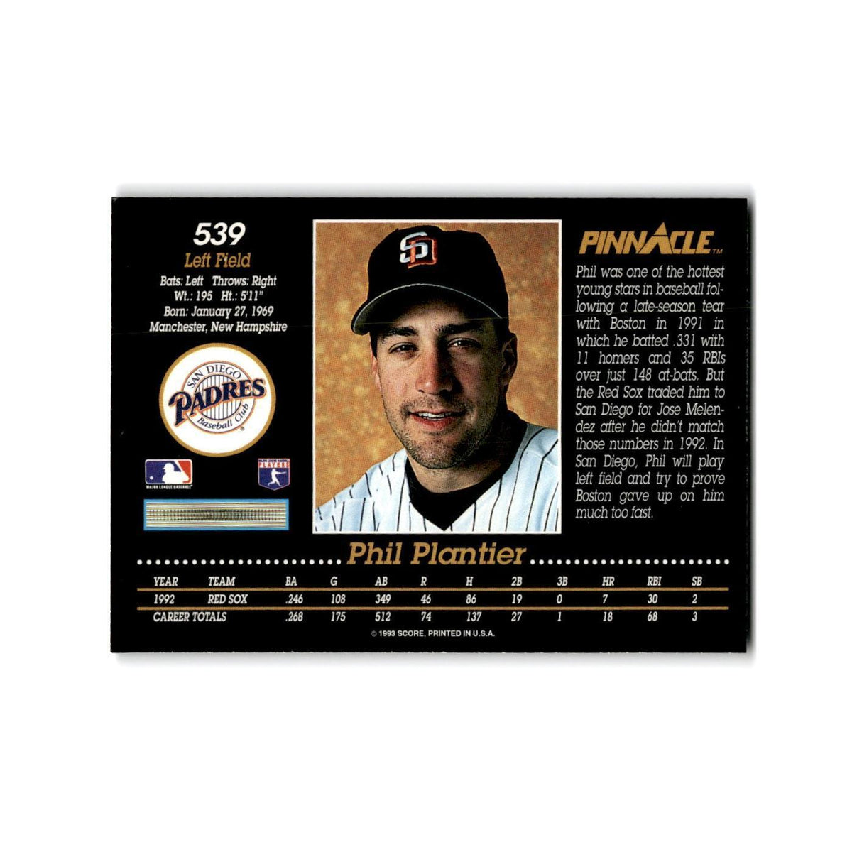 Phil Plantier 1993 Pinnacle #539 San Diego Padres Baseball Card NM