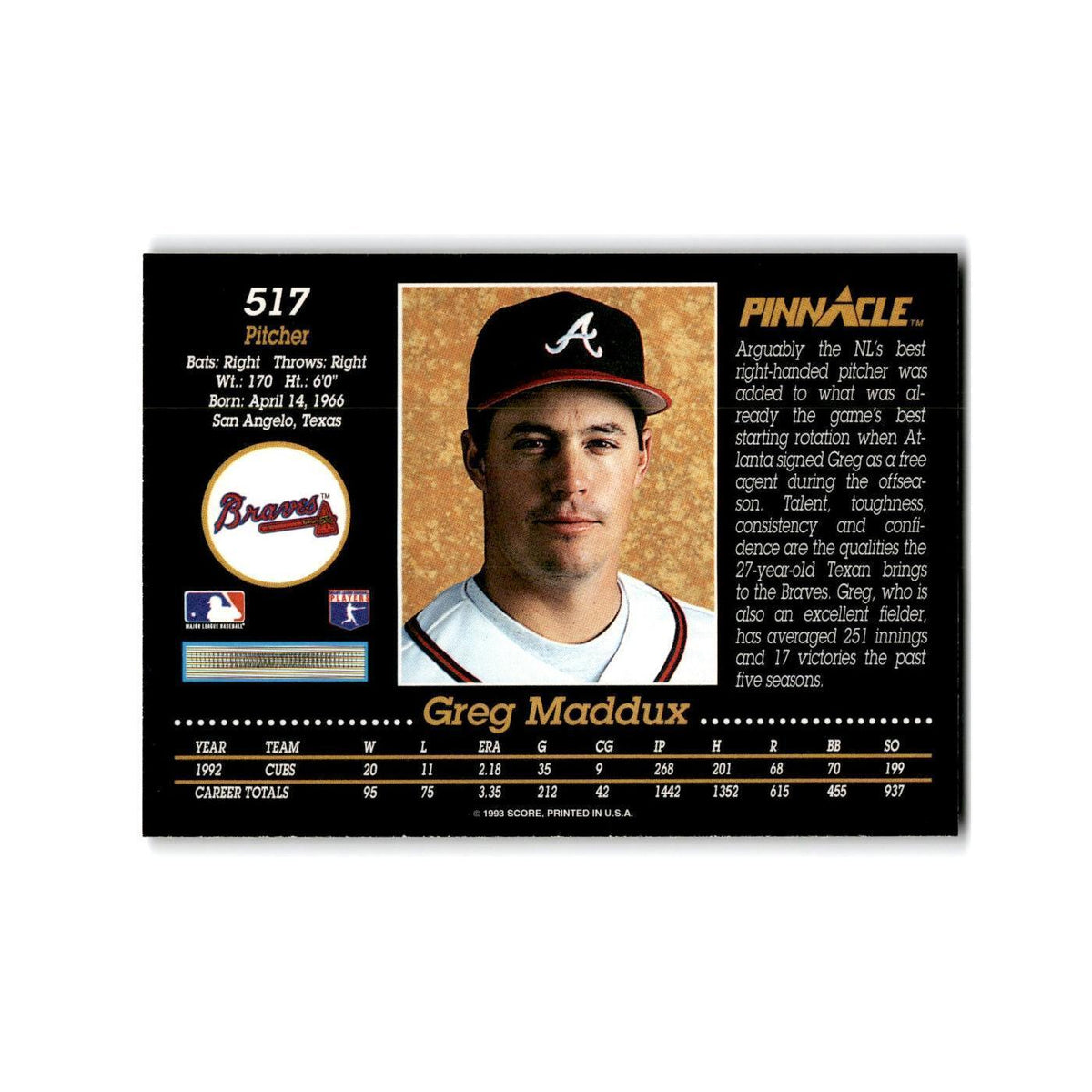 Greg Maddux 1993 Pinnacle #517 Atlanta Braves Baseball Card NM