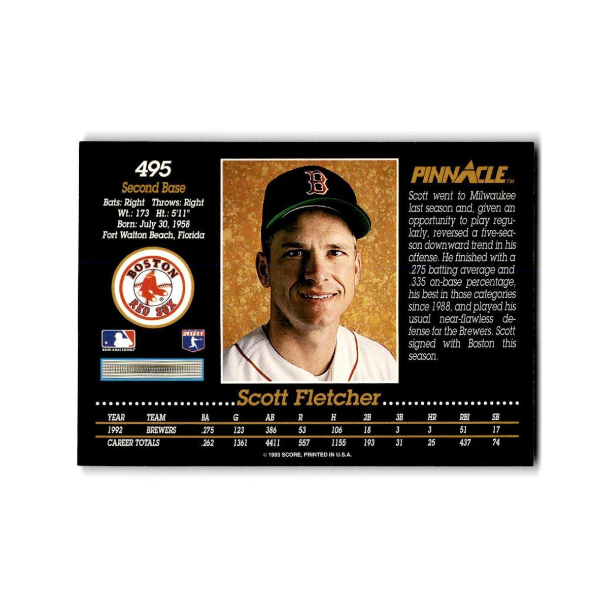 Scott Fletcher 1993 Pinnacle #495 Boston Red Sox Baseball Card NM