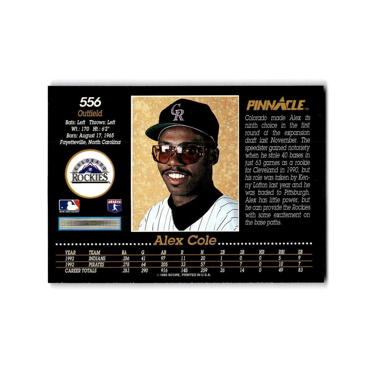 Alex Cole 1993 Pinnacle #556 Colorado Rockies Baseball Card NM