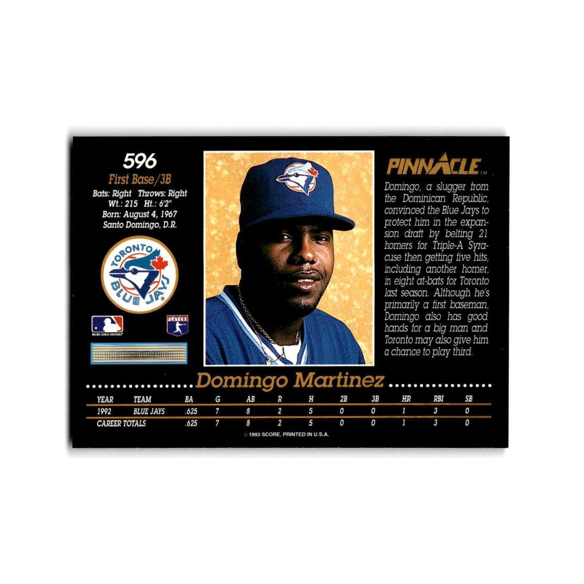 Domingo Martinez Rookie 1993 Pinnacle #596 Toronto Blue Jays Baseball Card NM