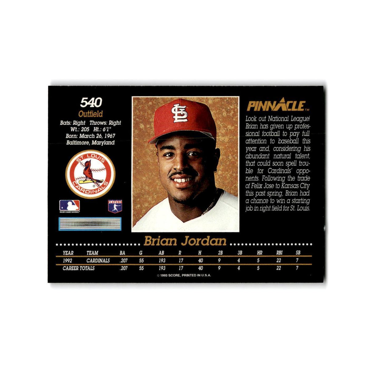 Brian Jordan 1993 Pinnacle #540 St. Louis Cardinals Baseball Card NM