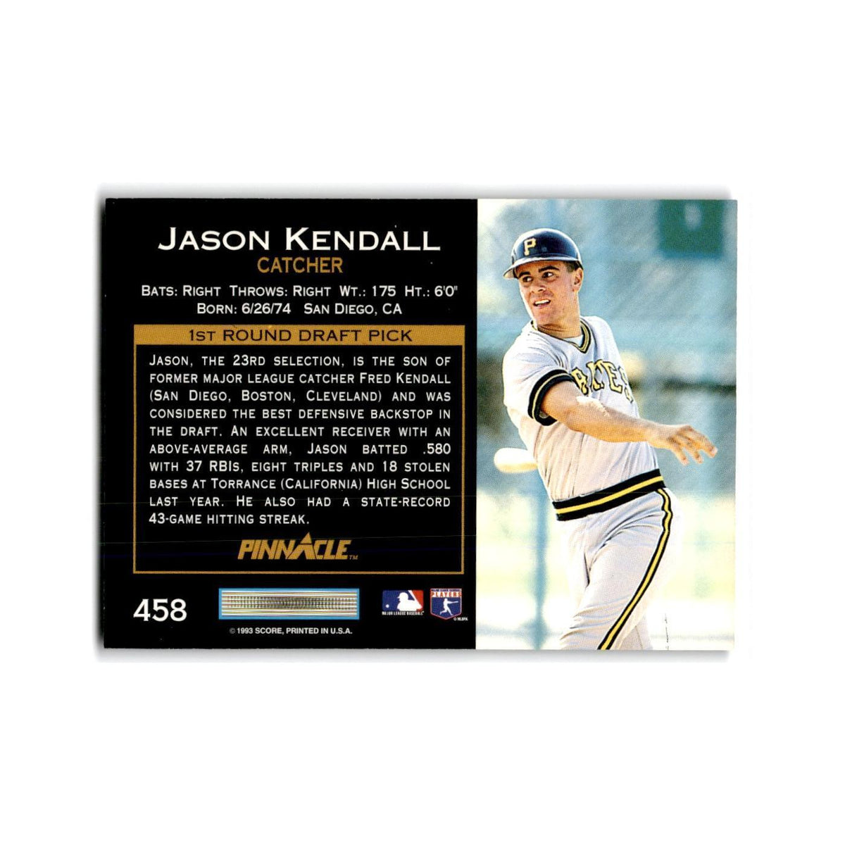 Jason Kendall Rookie 1993 Pinnacle #458 Pittsburgh Pirates Baseball Card NM