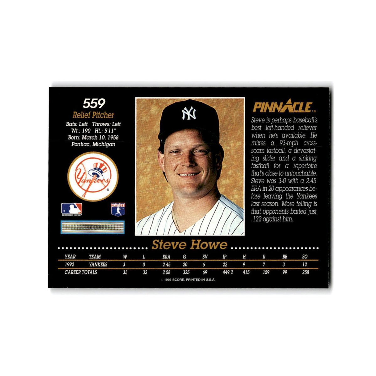 Steve Howe 1993 Pinnacle #559 New York Yankees Baseball Card NM