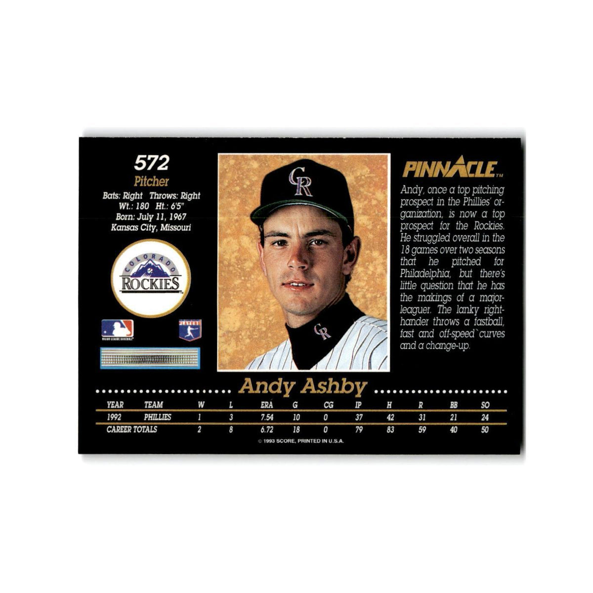 Andy Ashby 1993 Pinnacle #572 Colorado Rockies Baseball Card NM