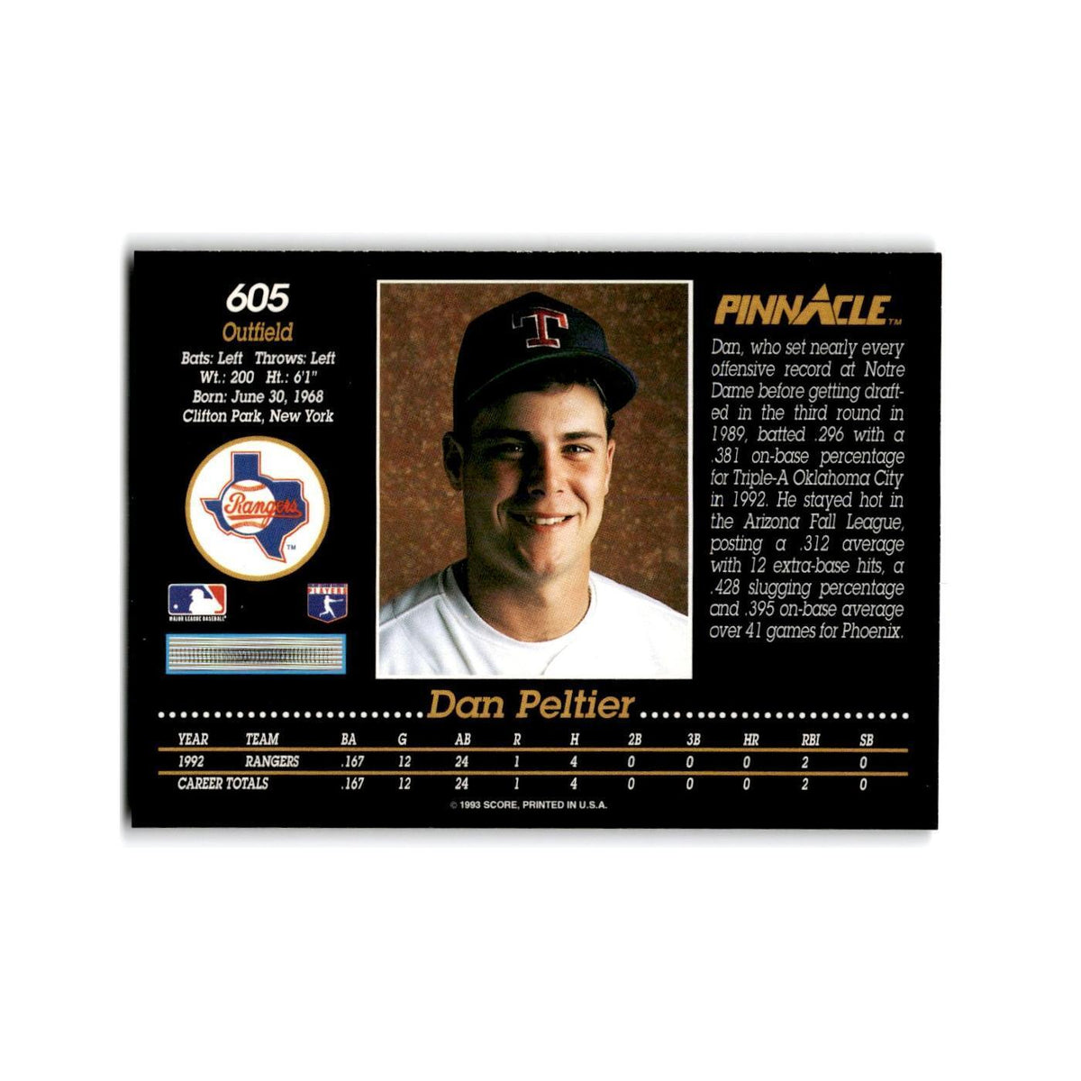 Dan Peltier Rookie 1993 Pinnacle #605 Texas Rangers Baseball Card NM