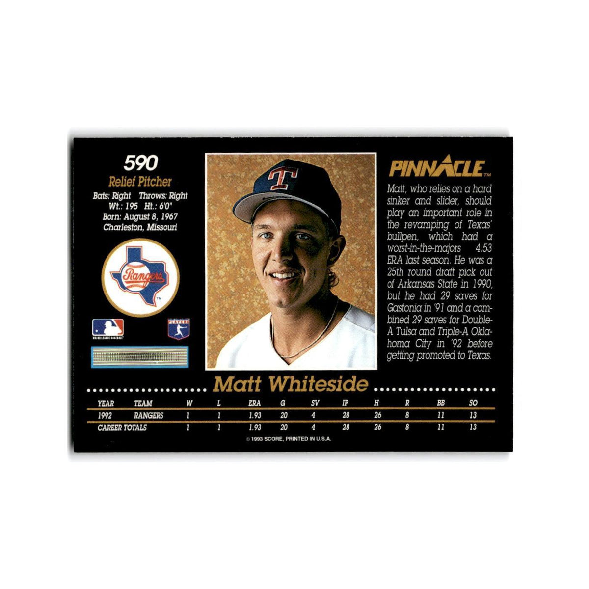Matt Whiteside Rookie 1993 Pinnacle #590 Texas Rangers Baseball Card NM