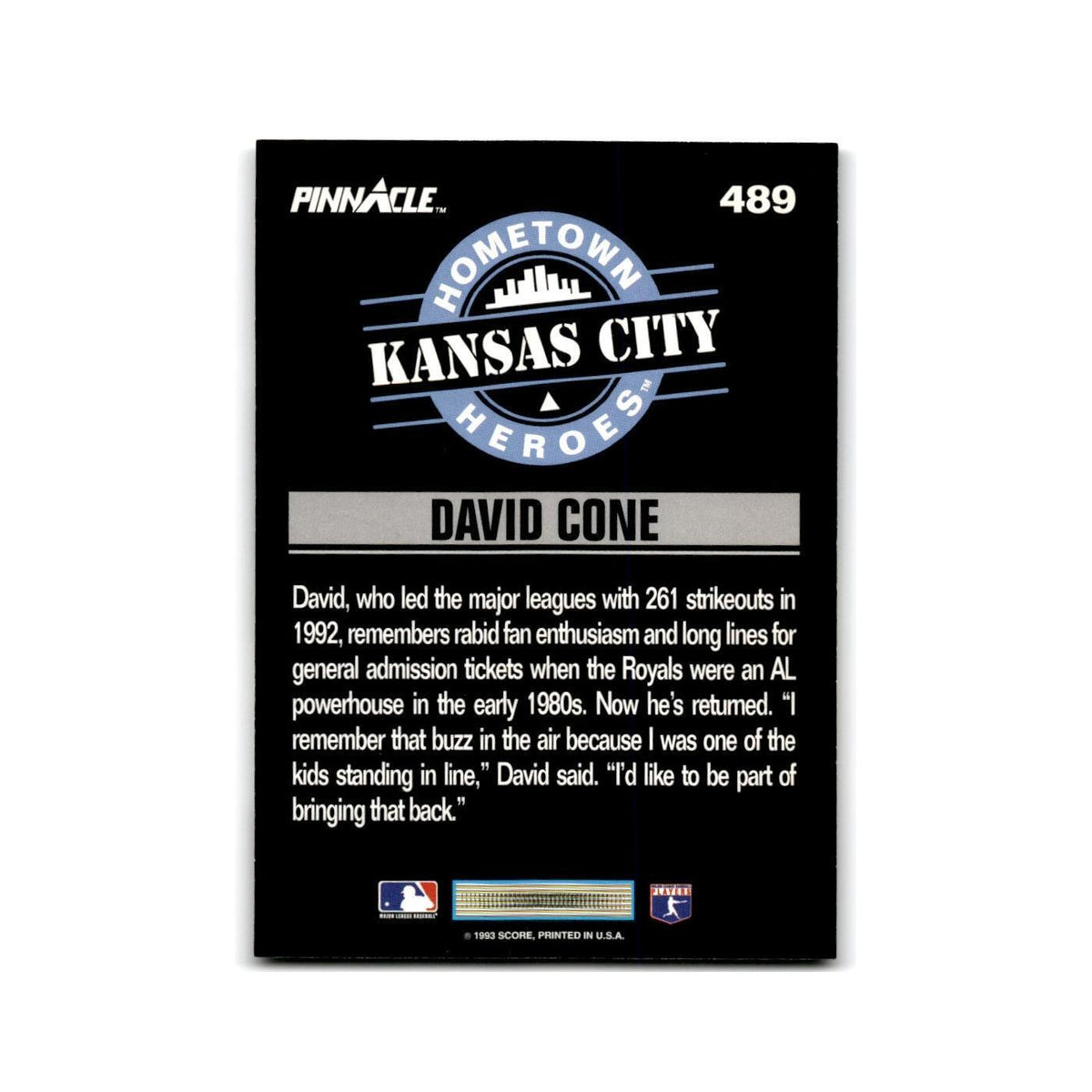 David Cone 1993 Pinnacle #489 Kansas City Royals Baseball Card NM