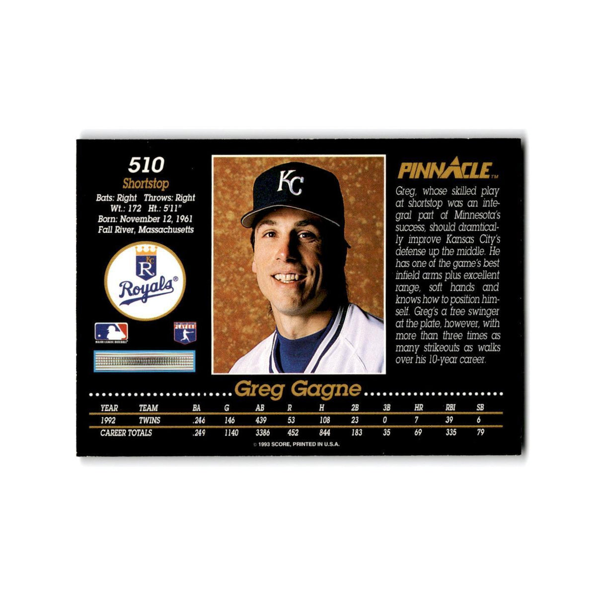 Greg Gagne 1993 Pinnacle #510 Kansas City Royals Baseball Card NM
